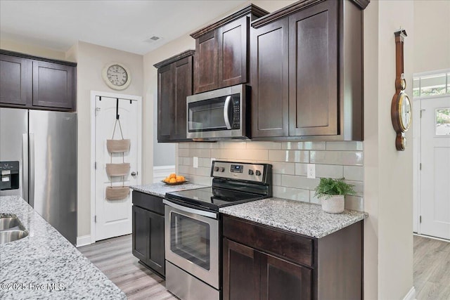 145 Cabin Branch Dr, Carthage, NC 28327 - kitchen featuring appliances with stainless steel finishes, dark brown cabinetry, decorative backsplash, light wood finished floors, and light stone countertops