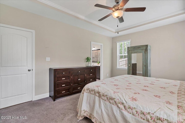 145 Cabin Branch Dr, Carthage, NC 28327 - bedroom with light carpet, a tray ceiling, crown molding, baseboards, and ceiling fan