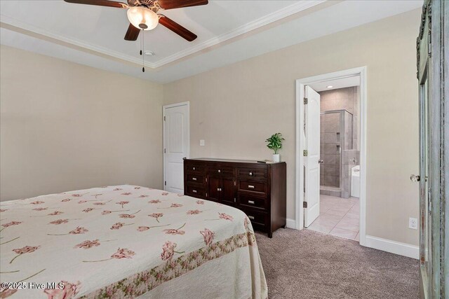 145 Cabin Branch Dr, Carthage, NC 28327 - bedroom with light colored carpet, crown molding, baseboards, ensuite bathroom, and a ceiling fan