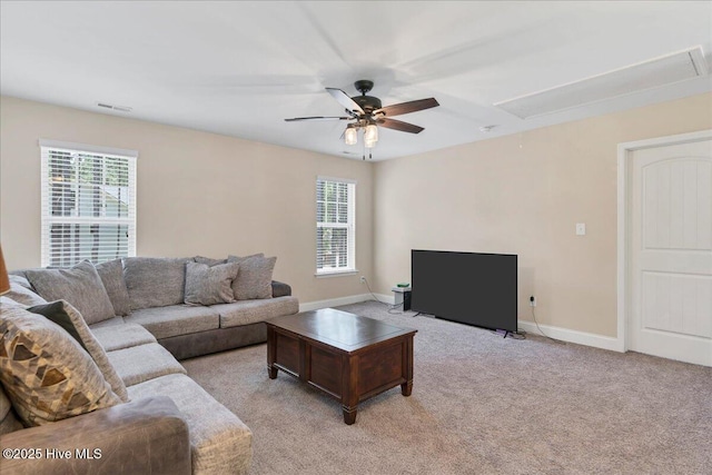 145 Cabin Branch Dr, Carthage, NC 28327 - living room with attic access, light carpet, ceiling fan, and baseboards