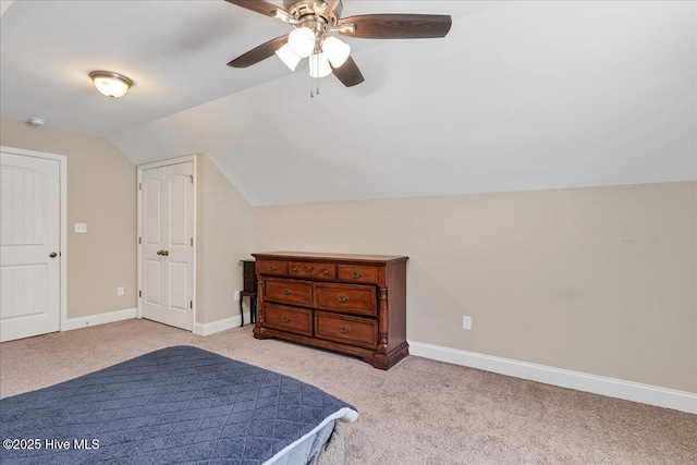 145 Cabin Branch Dr, Carthage, NC 28327 - bedroom featuring light carpet, vaulted ceiling, baseboards, and a ceiling fan