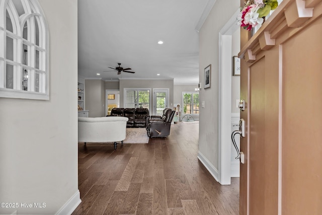 125 Steeplechase Way, Southern Pines, NC 28387 - foyer featuring crown molding, recessed lighting, dark wood-style floors, baseboards, and ceiling fan