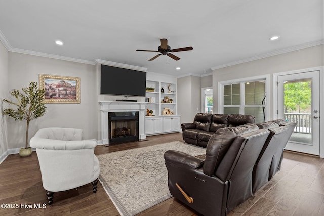 125 Steeplechase Way, Southern Pines, NC 28387 - living area featuring a ceiling fan, healthy amount of natural light, dark wood-type flooring, a fireplace, and recessed lighting