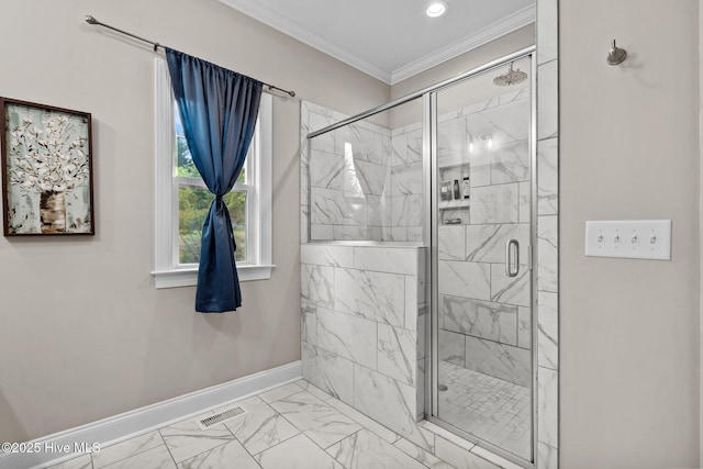 125 Steeplechase Way, Southern Pines, NC 28387 - full bath featuring marble look tiles, a shower stall, baseboards, ornamental molding, and recessed lighting