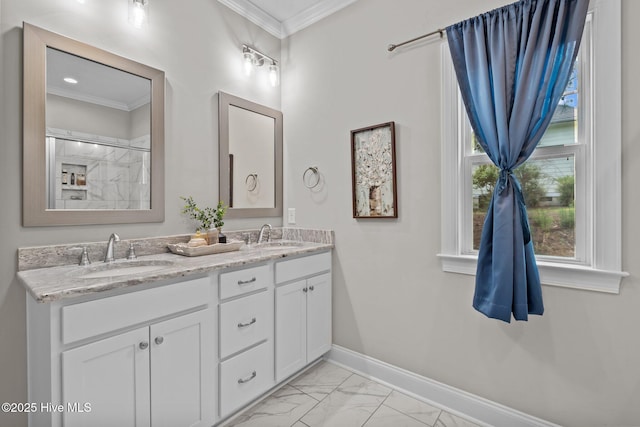 125 Steeplechase Way, Southern Pines, NC 28387 - bathroom featuring marble finish floors, crown molding, baseboards, and double vanity