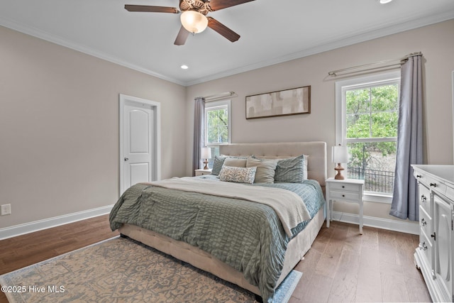 125 Steeplechase Way, Southern Pines, NC 28387 - bedroom featuring baseboards, recessed lighting, ornamental molding, light wood-style floors, and a ceiling fan