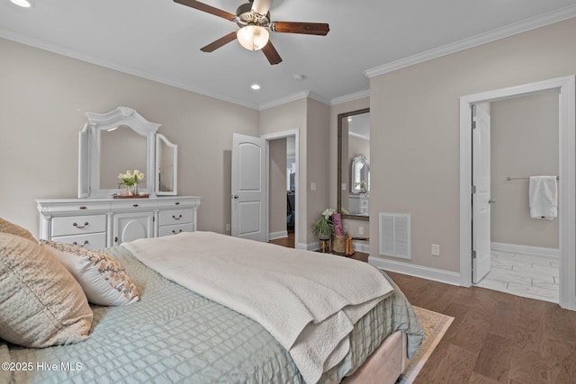 125 Steeplechase Way, Southern Pines, NC 28387 - bedroom featuring recessed lighting, crown molding, baseboards, dark wood-style flooring, and ensuite bathroom
