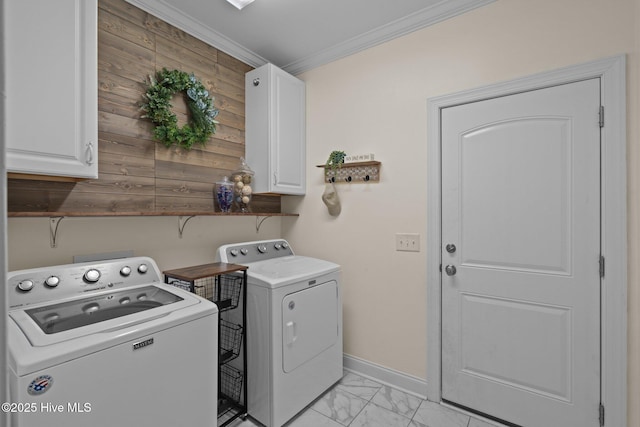 125 Steeplechase Way, Southern Pines, NC 28387 - laundry room with washer and clothes dryer, ornamental molding, light marble finish flooring, cabinet space, and baseboards