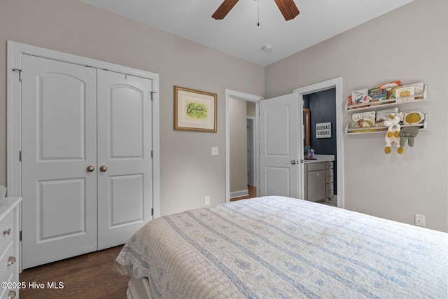 125 Steeplechase Way, Southern Pines, NC 28387 - bedroom featuring dark wood-style flooring, a closet, and a ceiling fan