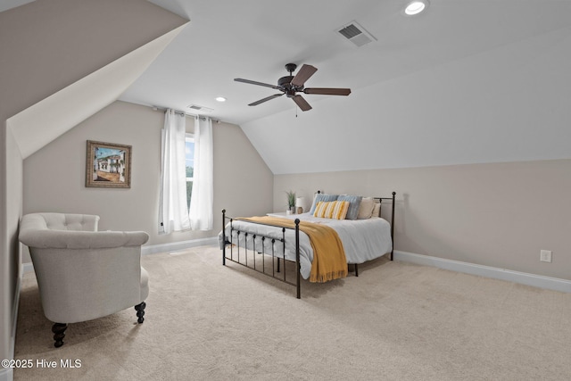 125 Steeplechase Way, Southern Pines, NC 28387 - carpeted bedroom with vaulted ceiling, baseboards, recessed lighting, and a ceiling fan