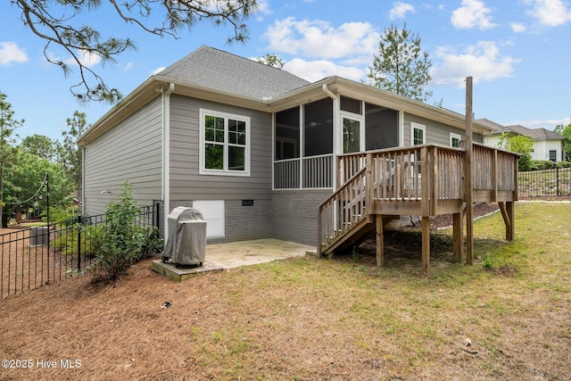 125 Steeplechase Way, Southern Pines, NC 28387 - rear view of property with stairs, a sunroom, a patio, a deck, and a shingled roof