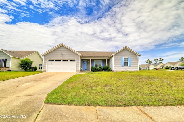 229 Red Carnation Dr, Holly Ridge, NC 28445 - ranch-style house with an attached garage, concrete driveway, and a front lawn