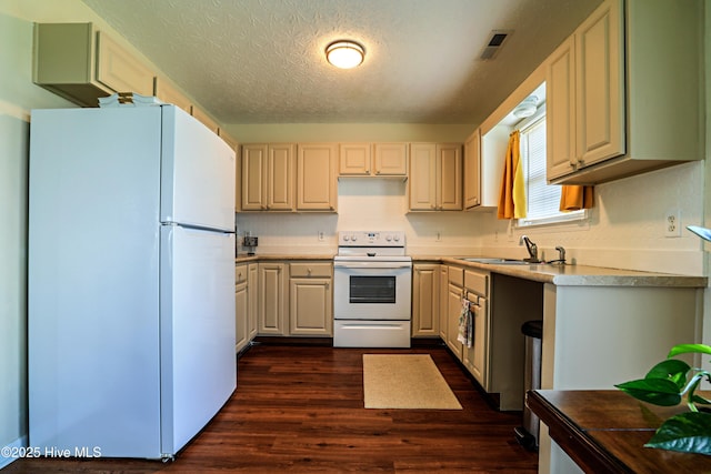 229 Red Carnation Dr, Holly Ridge, NC 28445 - kitchen featuring white appliances, dark wood-style floors, a sink, light countertops, and a textured ceiling