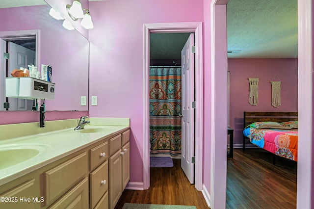 229 Red Carnation Dr, Holly Ridge, NC 28445 - ensuite bathroom featuring wood finished floors, double vanity, baseboards, and a textured ceiling