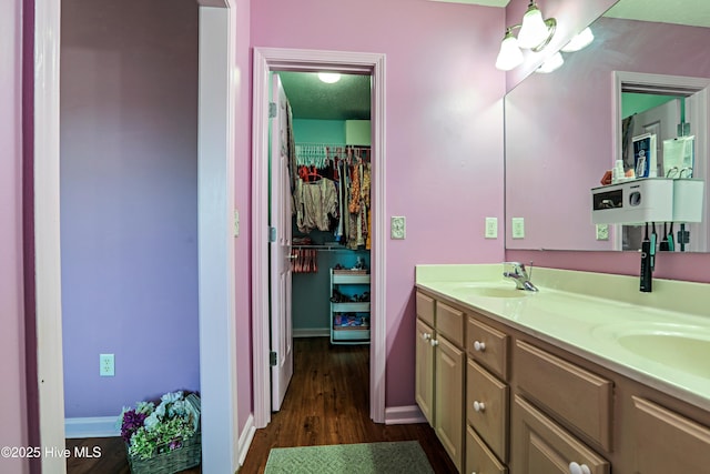 229 Red Carnation Dr, Holly Ridge, NC 28445 - bathroom with wood finished floors, double vanity, baseboards, and a walk in closet