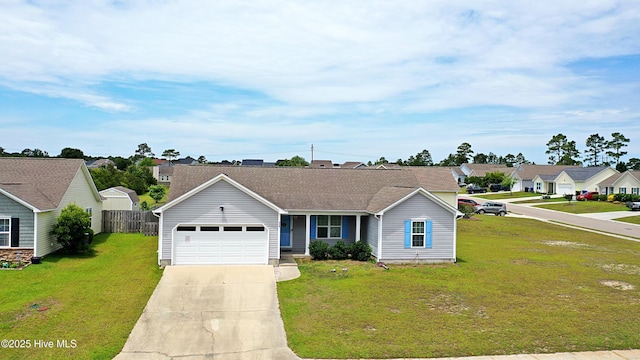 229 Red Carnation Dr, Holly Ridge, NC 28445 - ranch-style home with concrete driveway, a garage, a residential view, and a front yard