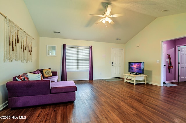 229 Red Carnation Dr, Holly Ridge, NC 28445 - living room with vaulted ceiling, ceiling fan, dark wood finished floors, and baseboards