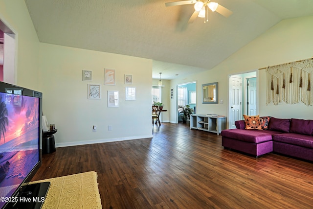 229 Red Carnation Dr, Holly Ridge, NC 28445 - living area featuring a ceiling fan, wood finished floors, vaulted ceiling, and baseboards