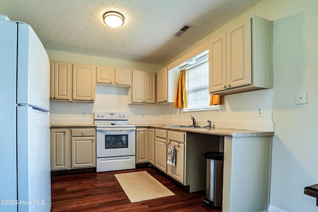 229 Red Carnation Dr, Holly Ridge, NC 28445 - kitchen with white appliances, dark wood-type flooring, a sink, light countertops, and a textured ceiling