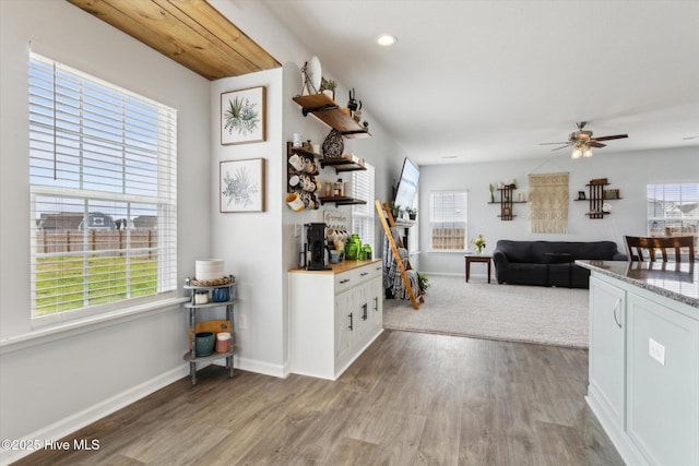 137 Gander Dr, Moyock, NC 27958 - kitchen featuring healthy amount of natural light, open shelves, a ceiling fan, wood finished floors, and recessed lighting