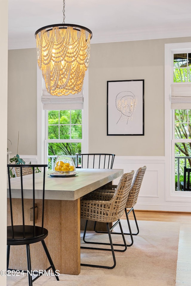 6920 Runningbrook Ter, Wilmington, NC 28411 - dining room with wood finished floors, a chandelier, a wainscoted wall, ornamental molding, and a decorative wall