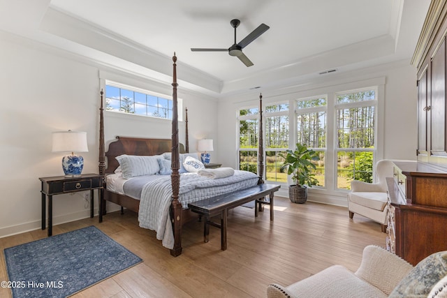 bedroom with a raised ceiling, light wood finished floors, and ceiling fan