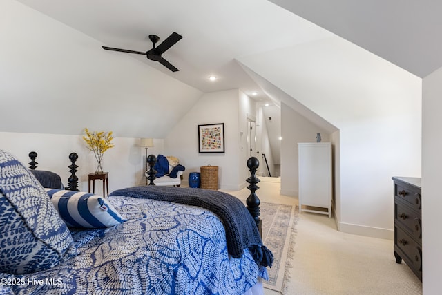 bedroom with lofted ceiling, light carpet, baseboards, ceiling fan, and recessed lighting