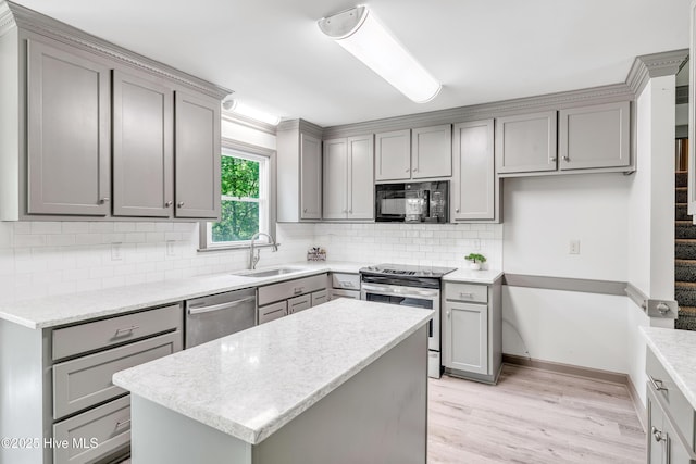 103 E Raintree Ln, Goldsboro, NC 27534 - kitchen with stainless steel appliances, gray cabinetry, a sink, and light wood-style floors