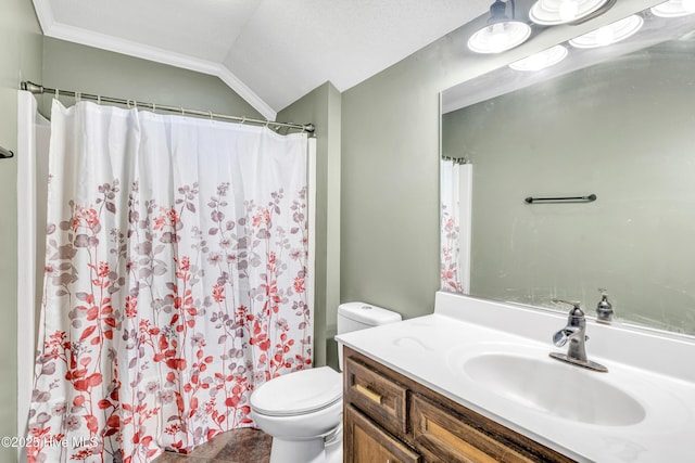 103 E Raintree Ln, Goldsboro, NC 27534 - bathroom featuring toilet, vanity, vaulted ceiling, curtained shower, and ornamental molding