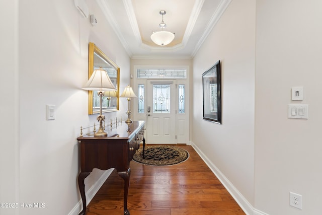 entryway featuring wood finished floors, baseboards, ornamental molding, and a raised ceiling