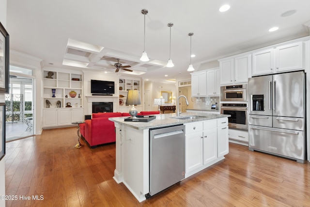 kitchen featuring appliances with stainless steel finishes, a sink, ornamental molding, a glass covered fireplace, and a ceiling fan