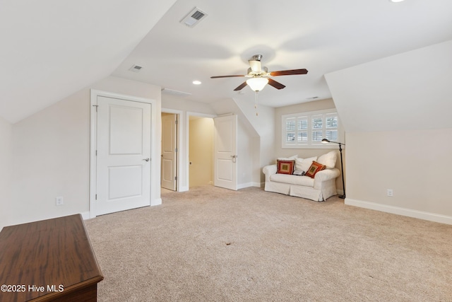 living area with lofted ceiling, carpet flooring, a ceiling fan, baseboards, and recessed lighting