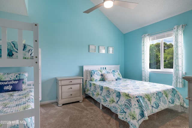 bedroom with carpet floors, ceiling fan, and high vaulted ceiling