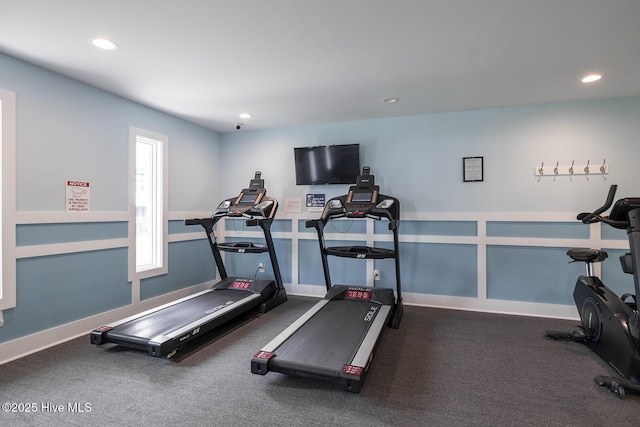 workout room with recessed lighting, baseboards, and carpet flooring