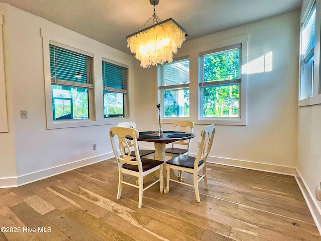 dining area with plenty of natural light, a chandelier, and hardwood / wood-style flooring