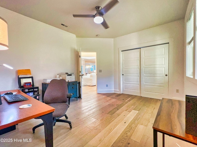 home office featuring light wood-type flooring, ceiling fan, and baseboards