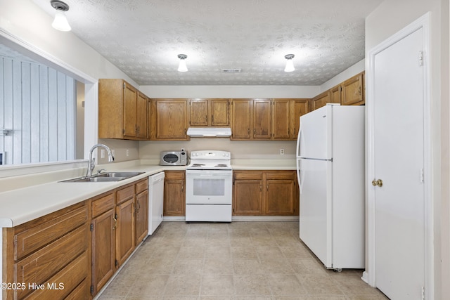 kitchen with white appliances, a sink, under cabinet range hood, brown cabinetry, and light countertops