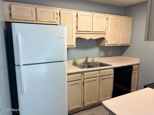 kitchen featuring freestanding refrigerator, a sink, black dishwasher, and light countertops