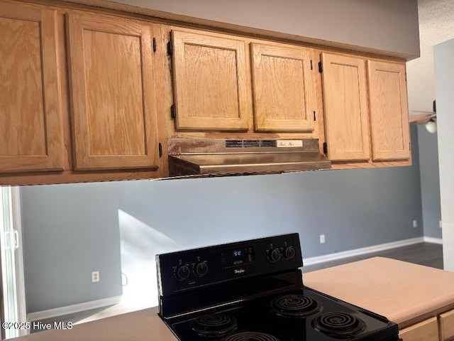 kitchen view of black range with electric stovetop, under cabinet range hood, baseboards, and light brown cabinetry