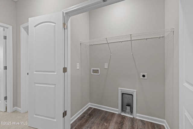 254 Great Egret Way, Beaufort, NC 28516 - laundry room featuring electric dryer hookup, baseboards, wood finished floors, and hookup for a washing machine