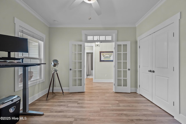 357 Spicer Lake Dr, Holly Ridge, NC 28445 - unfurnished office featuring french doors, crown molding, a ceiling fan, light wood-type flooring, and baseboards