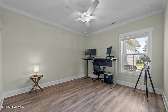 357 Spicer Lake Dr, Holly Ridge, NC 28445 - office featuring wood finished floors, ornamental molding, a ceiling fan, and baseboards