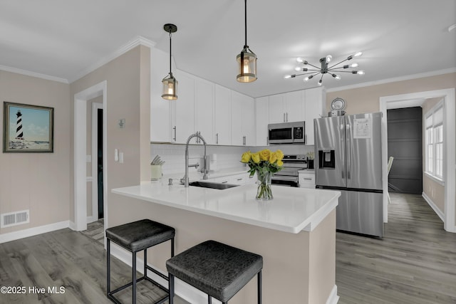 kitchen with appliances with stainless steel finishes, a sink, ornamental molding, wood finished floors, and a peninsula