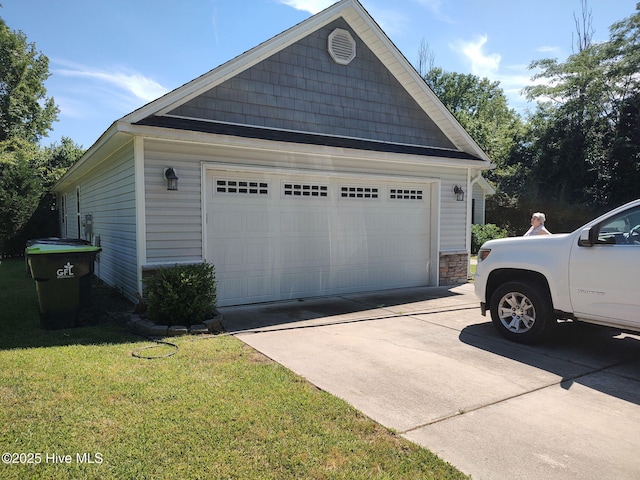view of property exterior featuring an outbuilding, stone siding, and a lawn