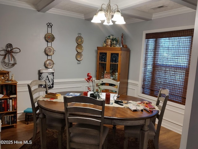 dining area featuring a chandelier, beam ceiling, wood finished floors, coffered ceiling, and crown molding