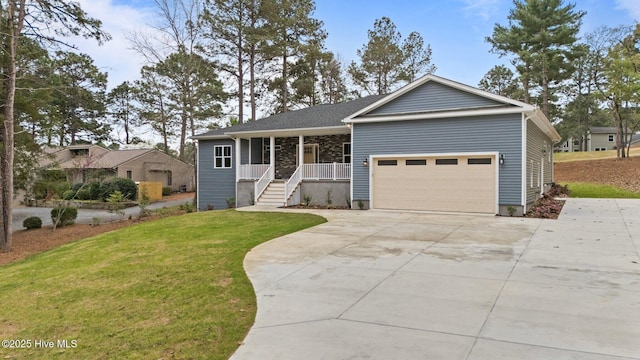 ranch-style house with a porch, a front yard, an attached garage, and driveway