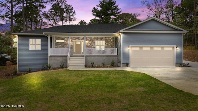 ranch-style home with driveway, a porch, a garage, and a lawn