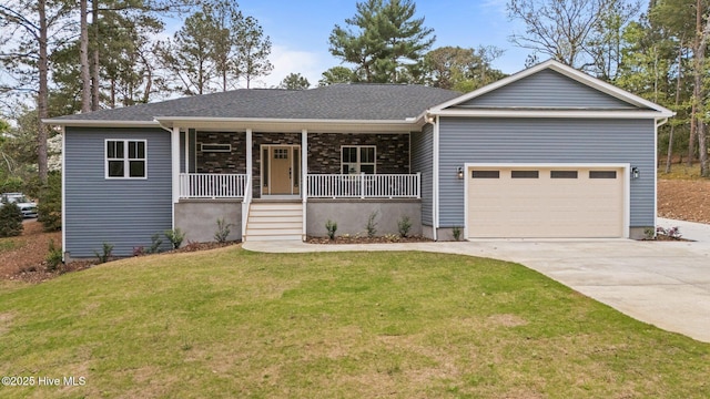 ranch-style house with concrete driveway, a front lawn, covered porch, and an attached garage