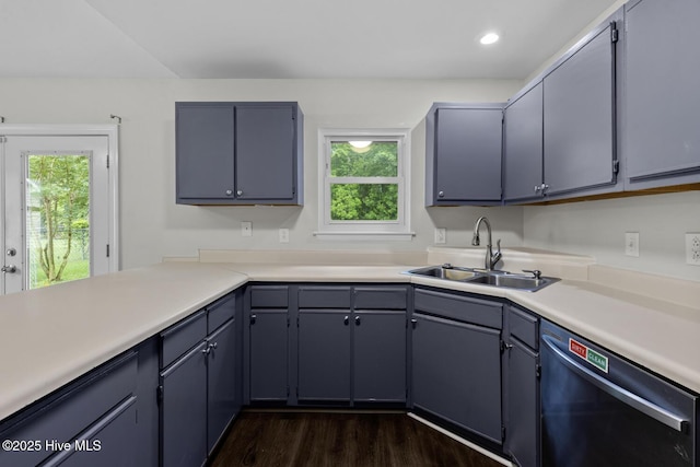 208 E Lakeridge Lndg, Jacksonville, NC 28546 - kitchen with stainless steel dishwasher, a sink, plenty of natural light, dark wood-style floors, and recessed lighting
