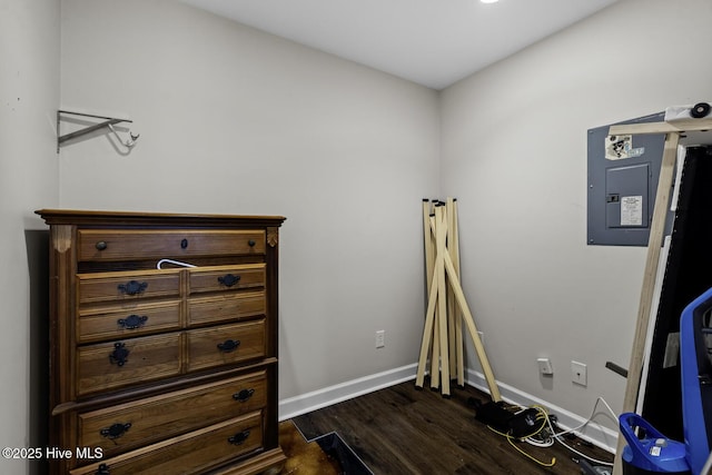 208 E Lakeridge Lndg, Jacksonville, NC 28546 - misc room with electric panel, dark wood-style flooring, and baseboards